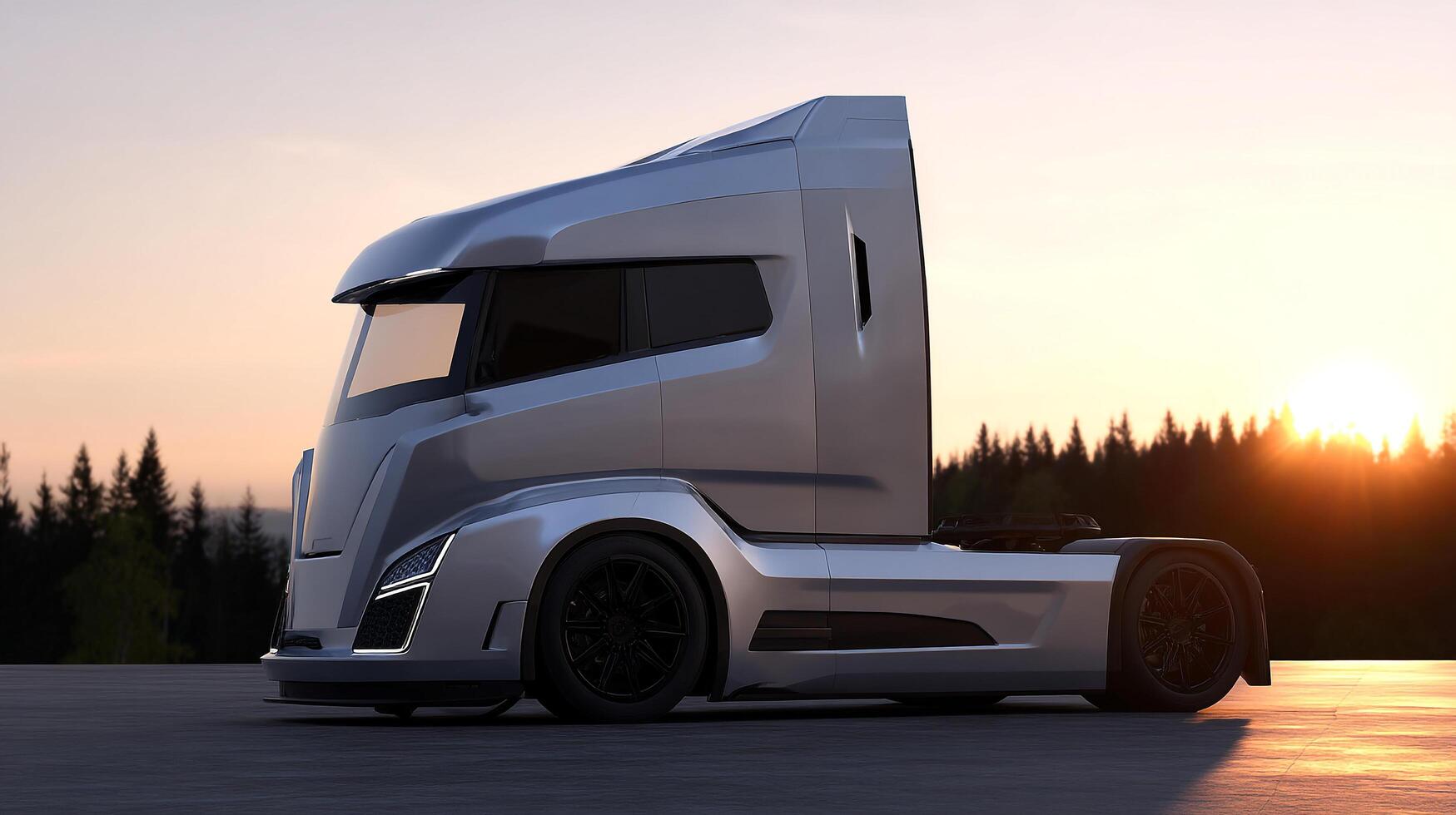 Sleek futuristic semi truck shines at sunset photo