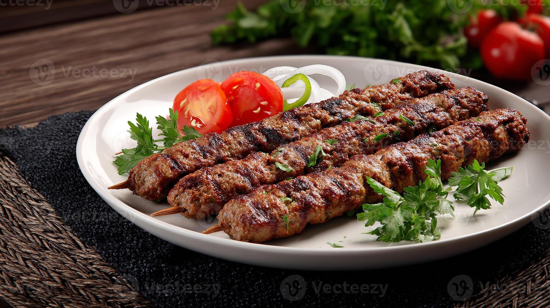 Delicious grilled ground meat kebabs, plated and garnished beautifully photo
