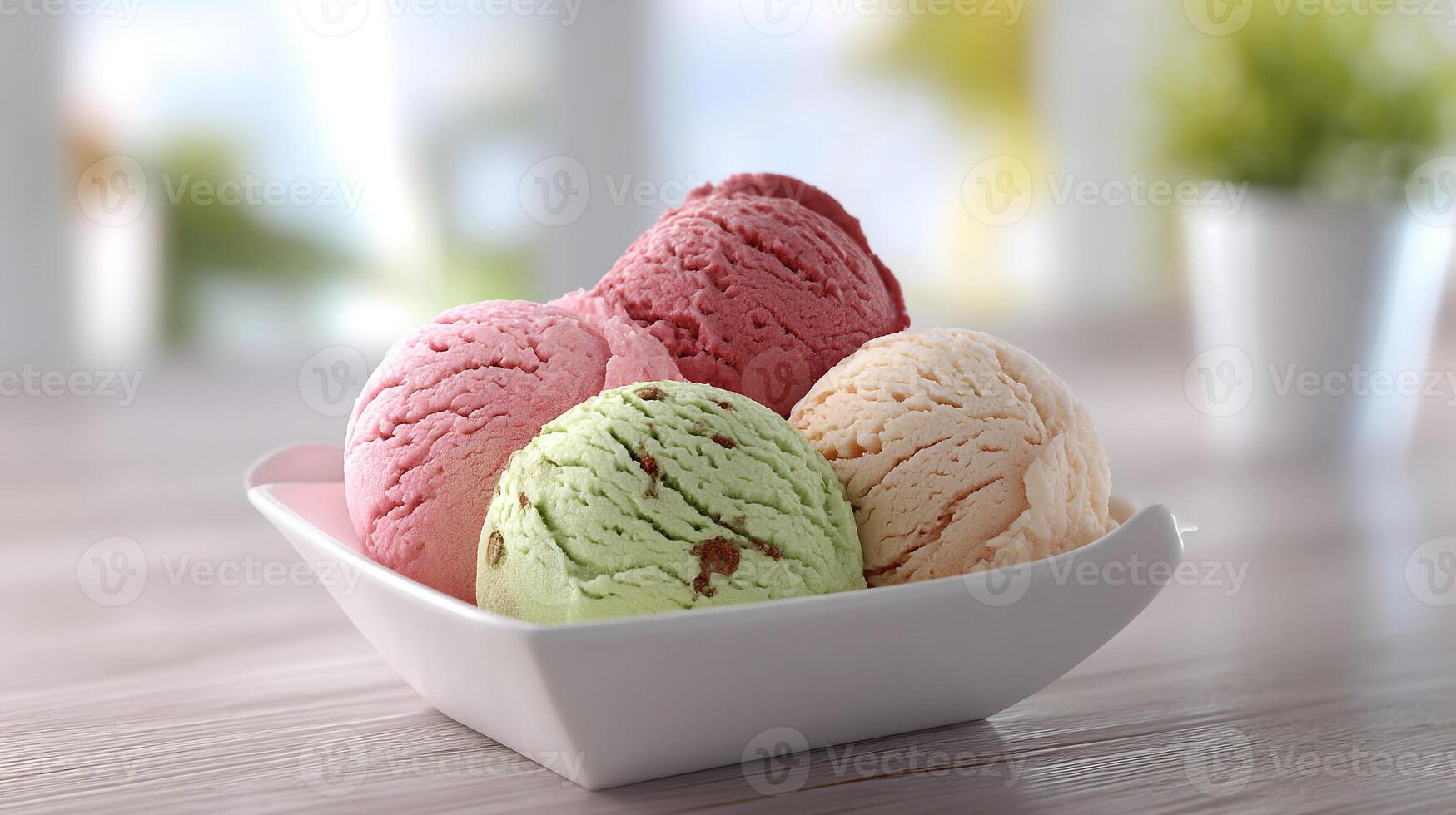 Colorful assortment of ice cream scoops in a white square bowl photo