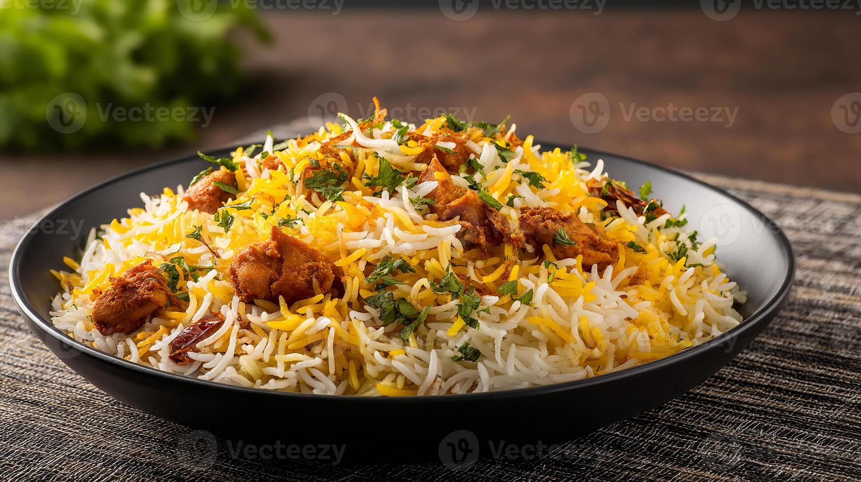 Delicious Chicken Biryani Plated, Ready to Eat on Table Top photo
