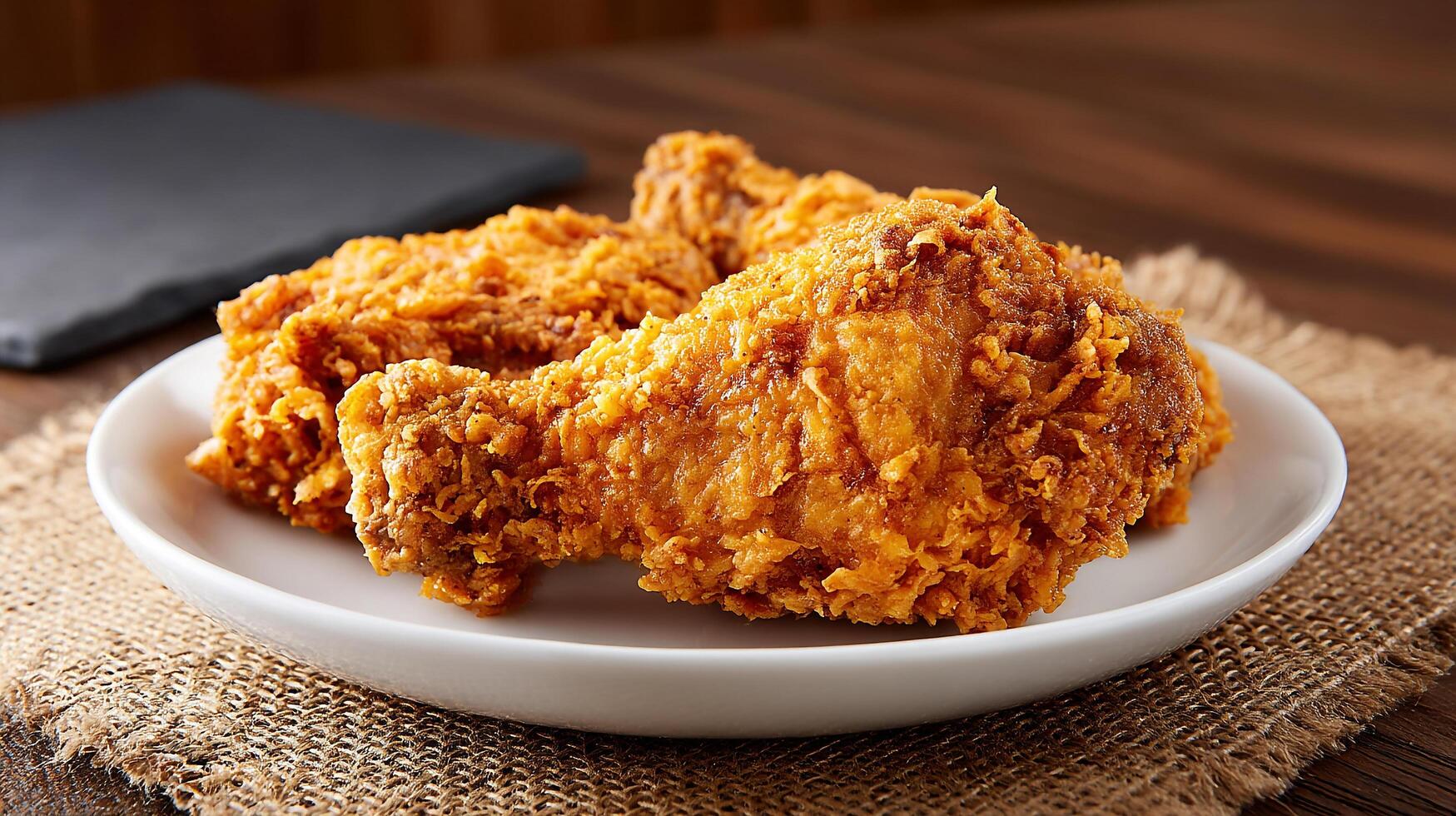 Crispy golden fried chicken on a white plate, delicious and appetizing photo