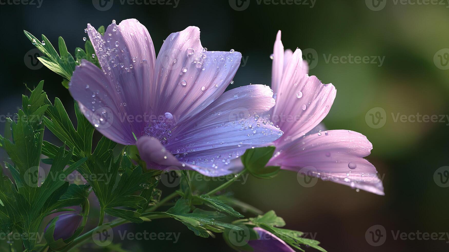 Delicate purple flowers glistening with dewdrops in morning light photo