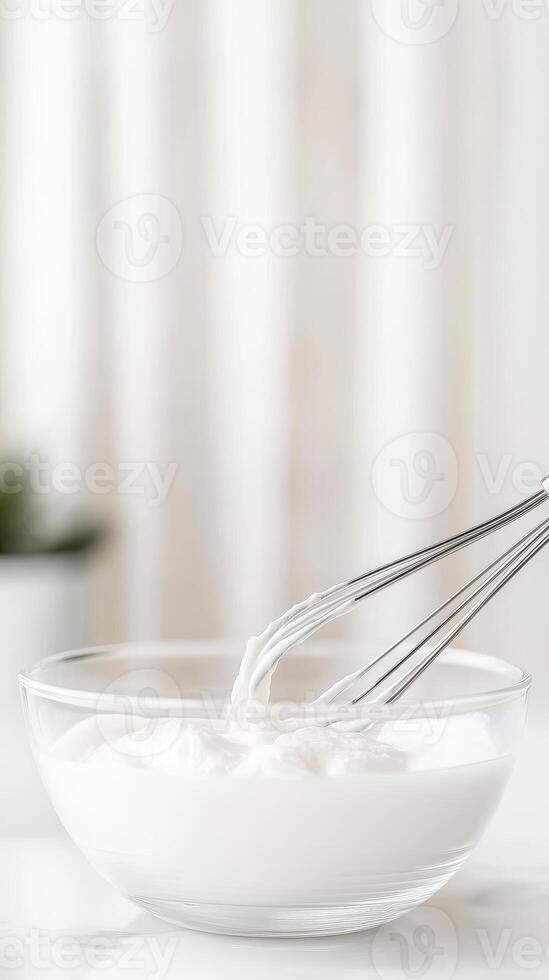 Elegant Close-Up of Fresh Cream Being Whisked in a Clear Glass Bowl, Highlighting Culinary Preparation and Smooth Texture for Delicious Desserts. photo