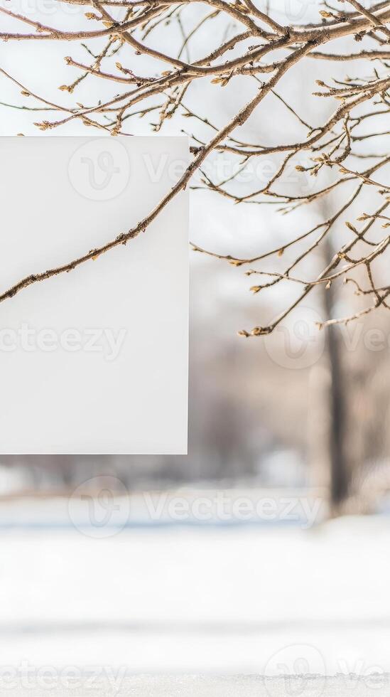 Serene Winter Morning Delicate Tree Branches with Emerging Buds Against a Soft Snowy Backdrop, Capturing Nature's Quiet Awakening. photo