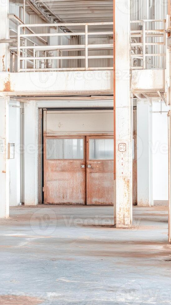 Captivating view inside an abandoned industrial building, showcasing rusted doors, weathered concrete, and decaying metal structures, an ode to forgotten architecture. photo