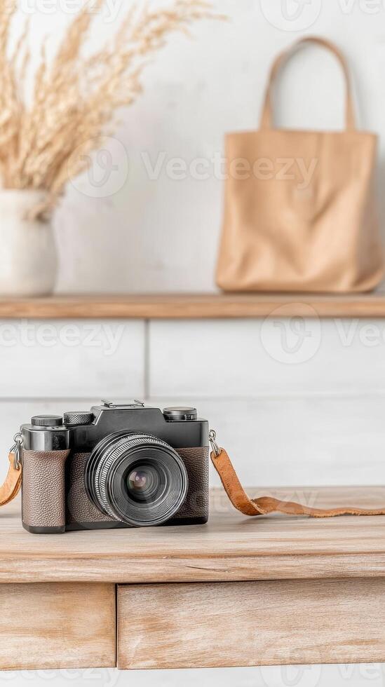 Classic Retro Camera with Leather Strap on a Wooden Shelf, Evoking Nostalgia and the Art of Photography for Creative Lifestyle and Travel. photo