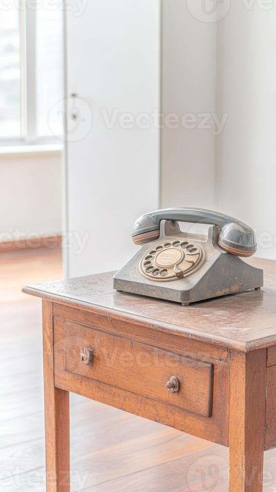 A captivating glimpse into the past an exquisite vintage rotary telephone rests gracefully on an aged wooden table, evoking timeless communication photo