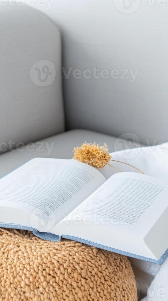 Immerse in literary tranquility with an open book on a cozy sofa, perfect for a peaceful reading escape and moments of quiet contemplation. photo