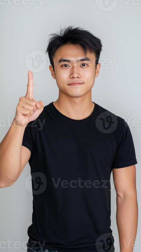 Young Asian Man Pointing Upwards with Confidence A Dynamic Portrait Capturing Attention and Suggesting Innovation on a Clean Background photo