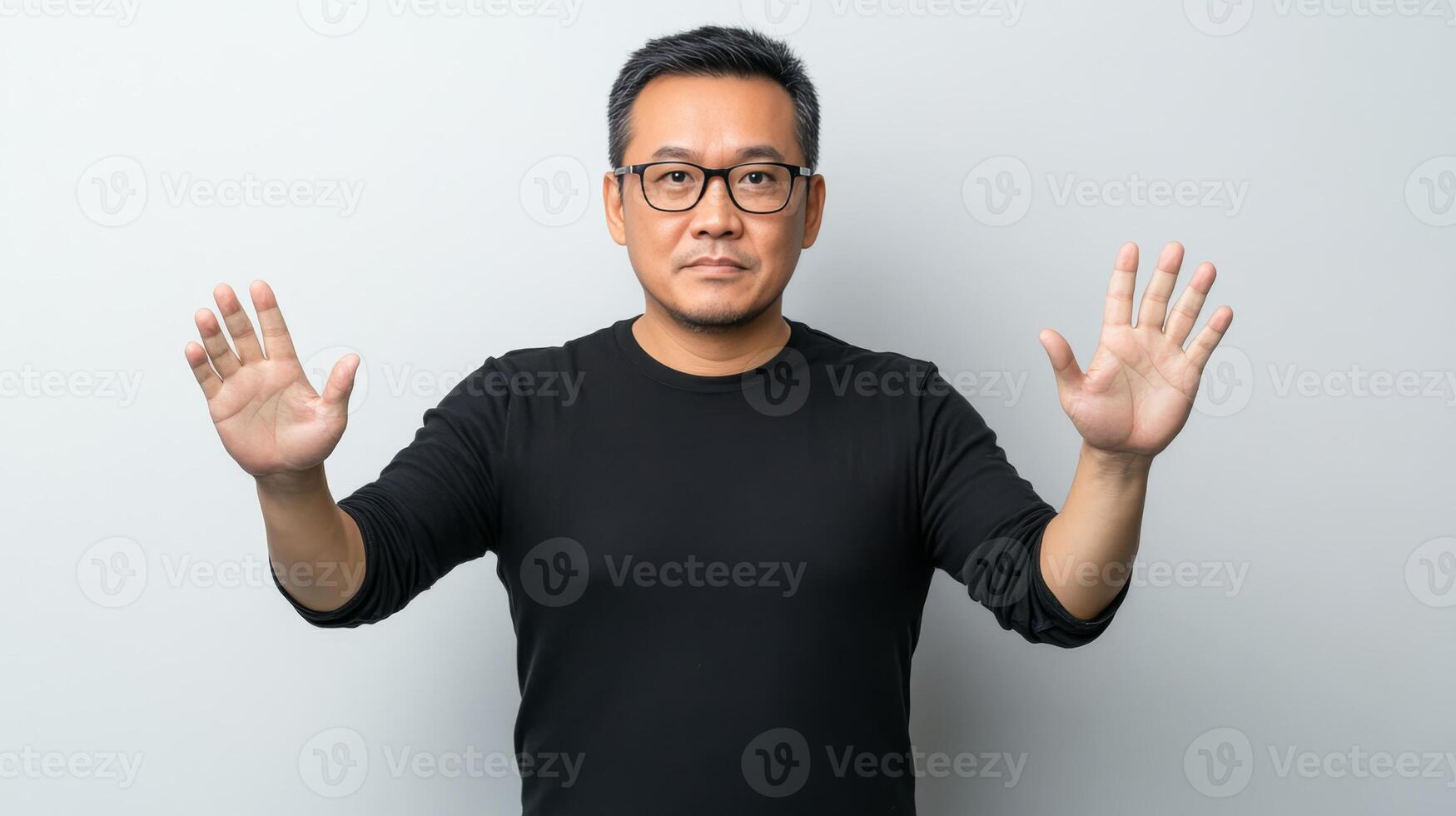 Mature Asian man in glasses raising both hands in a clear stop gesture, conveying a direct message of refusal or boundary against a minimalist studio background photo