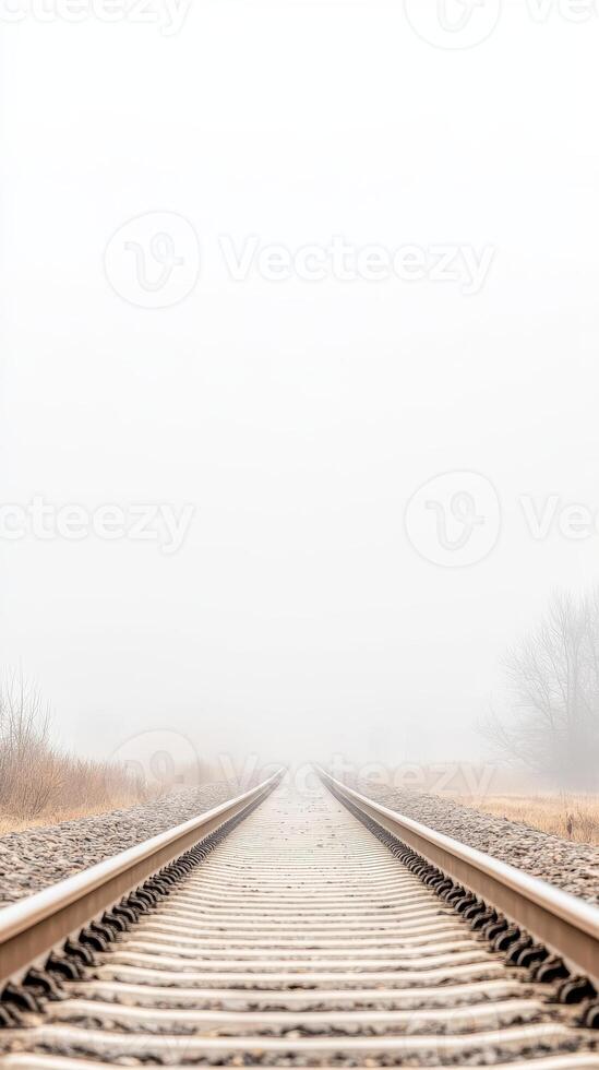 Misty Railway Tracks Disappearing into a Hazy Horizon A Serene, Foggy Landscape Evoking Solitude and the Promise of an Endless Journey photo