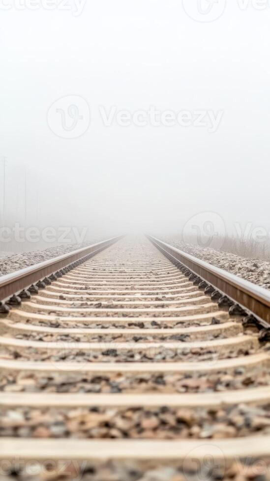 Ethereal Train Tracks Disappearing into Dense Fog A Mysterious Journey on a Misty Morning, Evoking Solitude and Infinite Possibilities photo