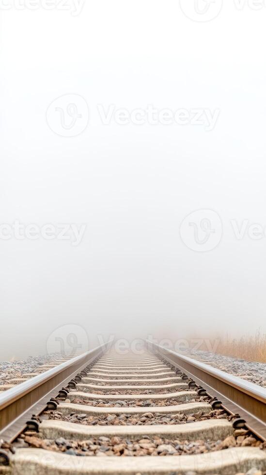 Misty Morning Railway A Serene Journey Along Vanishing Train Tracks Disappearing into a Dense Fog, Evoking Mystery and Infinite Possibilities photo