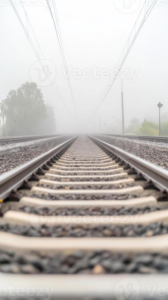 Misty Morning Railway A Vanishing Perspective Along Endless Train Tracks, Evoking a Sense of Serene Journey and Mysterious Destination. photo