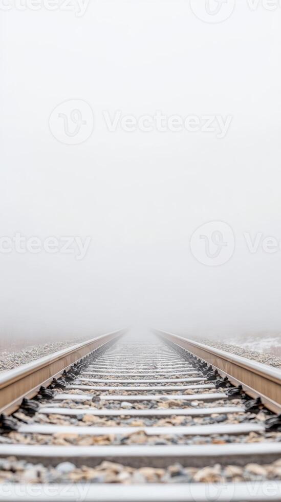 Ethereal train tracks disappear into a dense winter fog, evoking a sense of tranquil mystery and endless journey through a monochromatic, silent landscape. photo