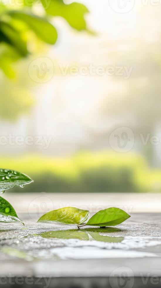Vibrant Green Leaves Adorned with Sparkling Water Droplets, Reflecting Nature's Purity and Serenity on a Tranquil Surface Under Soft Light. photo