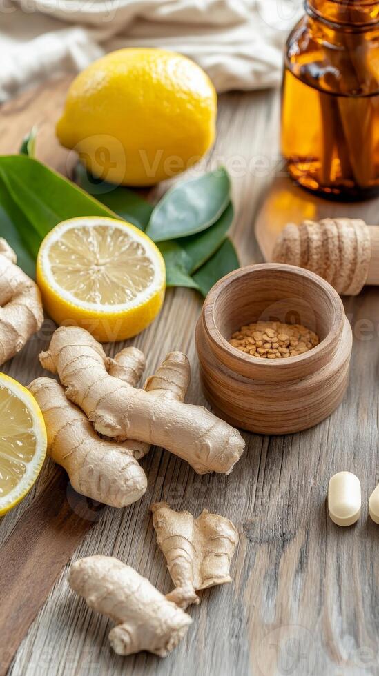 Natural Wellness Essentials A Close-Up of Fresh Ginger Roots, Zesty Lemons, and Herbal Supplements for Holistic Health and Immune Support photo