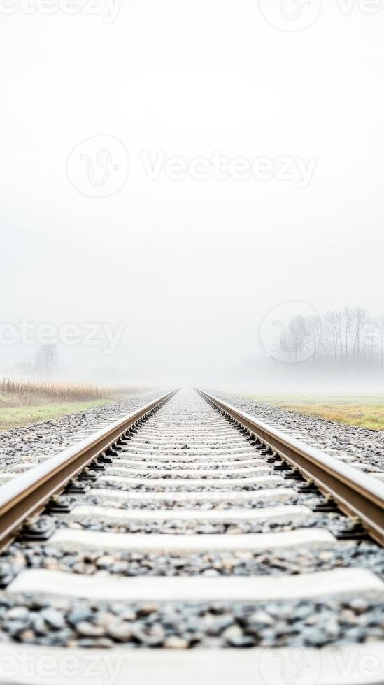 A captivating photographic study of railway tracks disappearing into a dense fog, evoking a sense of serene journey and the endless possibilities of the path ahead. photo