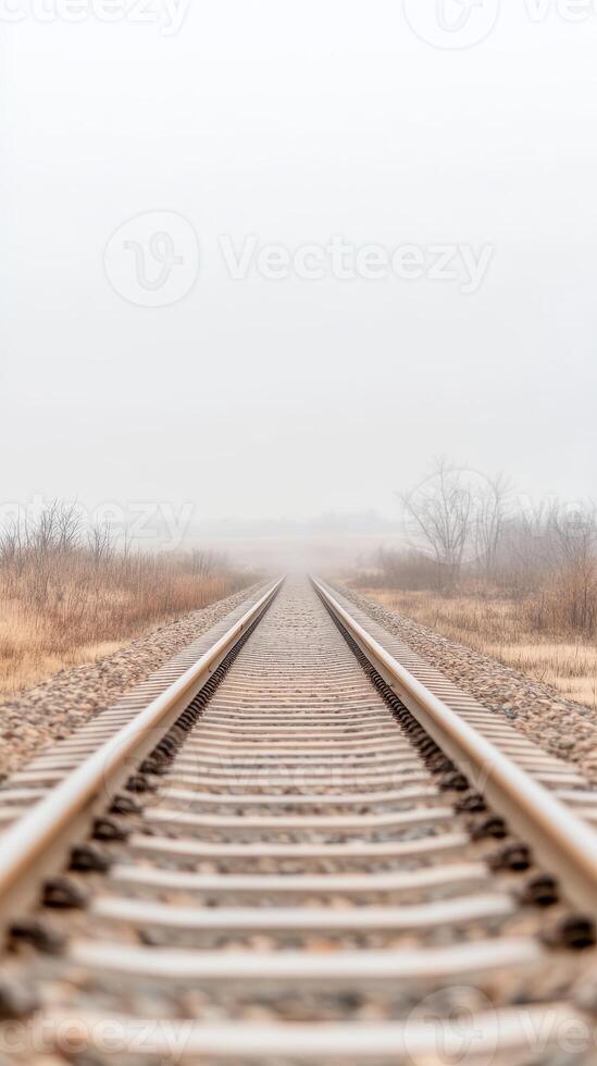 Misty Morning Railway Tracks Disappearing into the Foggy Horizon, a Serene and Evocative Landscape of Endless Journey and Quiet Solitude photo