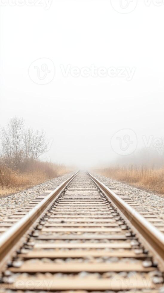 Ethereal Railway Tracks Vanishing into Dense Fog A Serene, Solitary Path Leading Towards an Unknown Horizon, Evoking Mystery and Tranquility photo