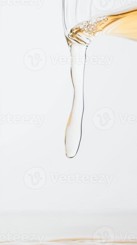 Elegant Stream of Golden Liquid Pouring from a Glass Against a Pristine White Backdrop, Capturing Fluid Motion and Refreshing Clarity photo