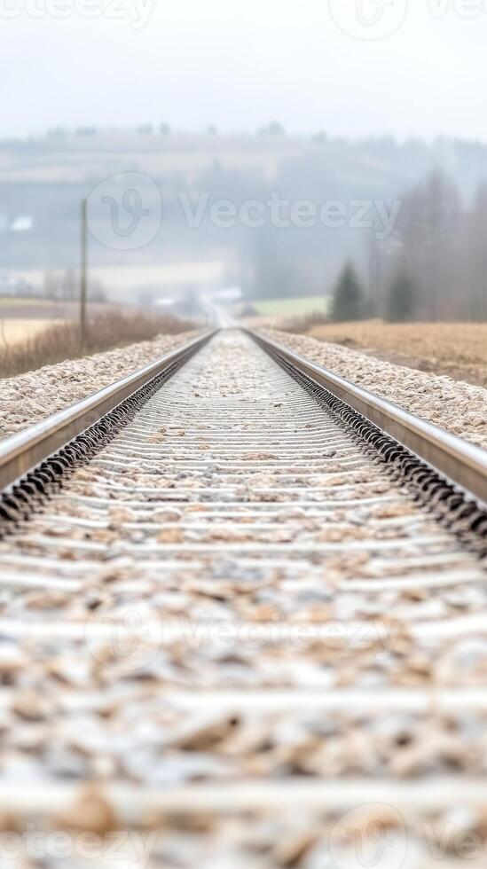 Captivating Perspective Railway Tracks Converging into a Hazy Horizon Across a Serene Countryside Landscape, Evoking Journey and Tranquility. photo