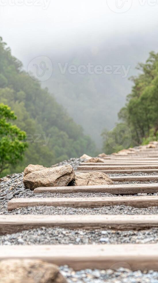 Serene Mountain Pathway Rustic Wooden Steps and Gravel Ascending Through a Verdant, Fog-Kissed Forest Landscape, Evoking Tranquility and Exploration photo