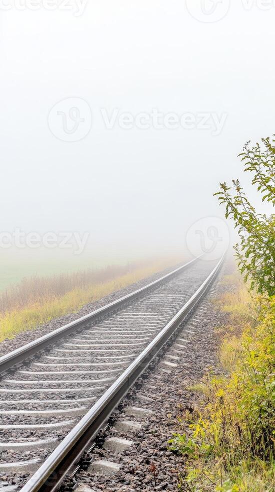Enigmatic Railway Tracks Disappearing into Dense Fog, Guiding Through a Peaceful Rural Landscape, Symbolizing Journey and the Unseen Path Ahead. photo