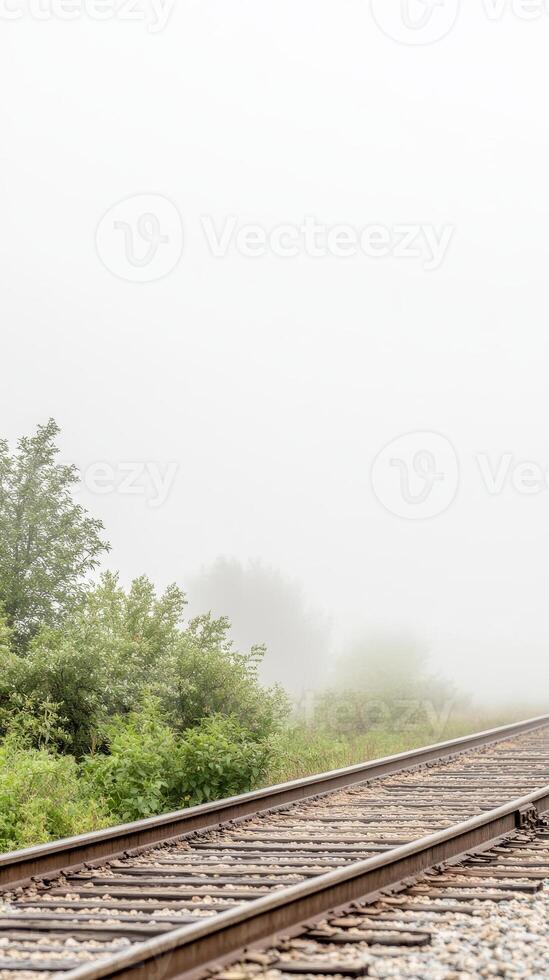 Atmospheric Train Tracks Disappearing into a Blanket of Morning Fog, Capturing the Serene Beauty of a Hazy, Mysterious Landscape. photo