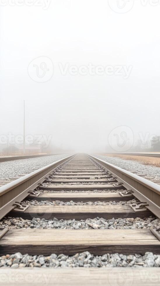 Misty Railway Tracks Disappearing into the Foggy Horizon A Serene Journey Along Empty Train Lines, Evoking Solitude and Endless Possibilities photo