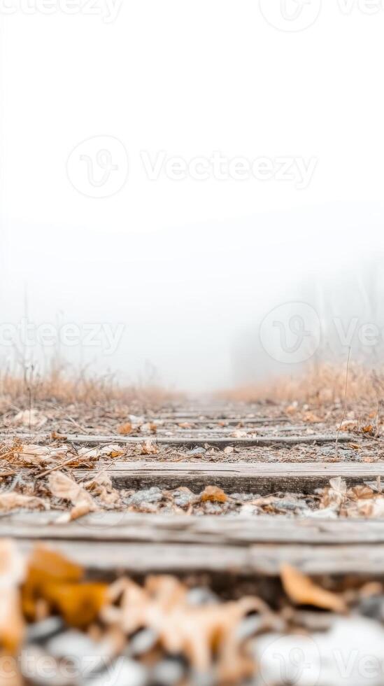 Misty Autumn PathAbandoned Railway Tracks Disappearing into a Serene Foggy Landscape, Evoking Solitude and Timeless Journey. photo