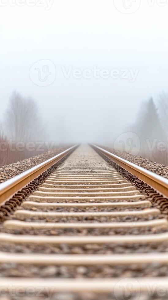 Enigmatic Railway Tracks Disappearing into Dense Fog A Journey into the Misted Horizon, Evoking Solitude and Infinite Possibility photo