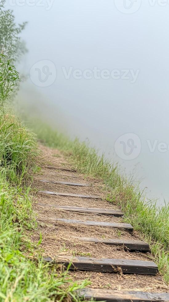 Misty Mountain Path with Rustic Wooden Steps Ascending Through Lush Green Grass, Vanishing into a Hazy, Ethereal Fog. A Serene Uphill Journey. photo