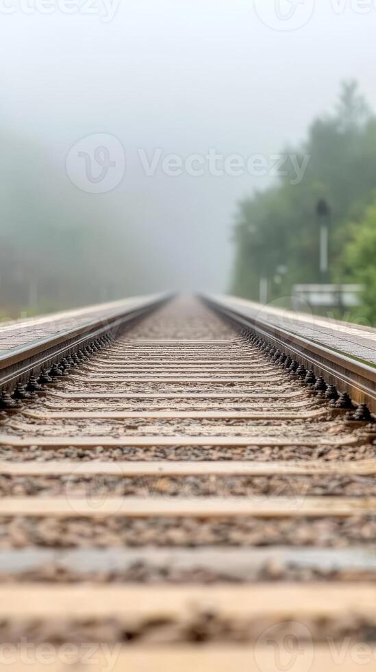 Mysterious railway tracks disappear into a dense, atmospheric fog, evoking a sense of endless journey and quiet solitude in the natural landscape. photo