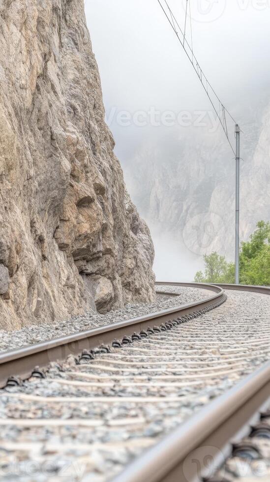 Curving Train Tracks Disappearing into Misty Mountain Landscape, a Scenic Railway Journey Through Rugged Alpine Terrain with Dramatic Fog photo