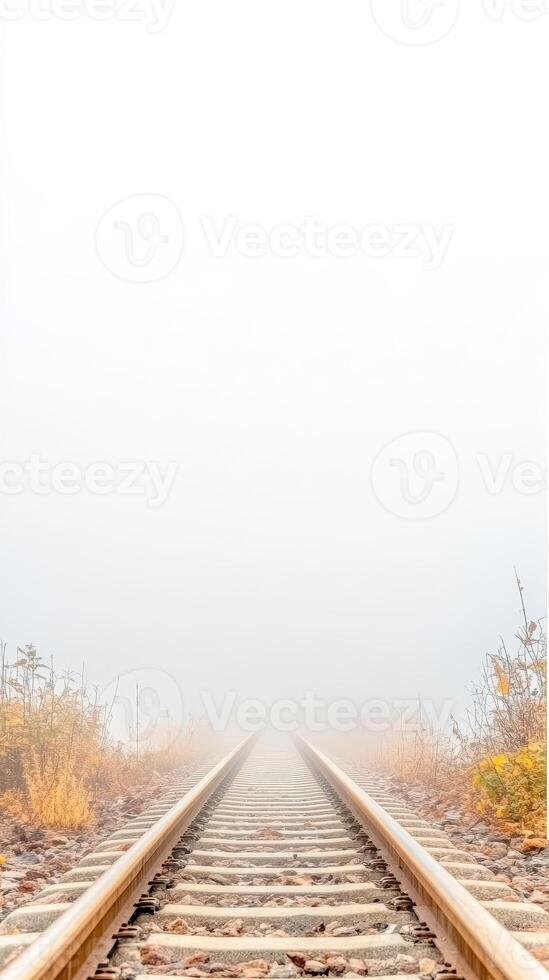 Misty Train Tracks Disappearing into Dense Fog. A Serene Railway Path Through a Hazy Autumn Landscape, Evoking Solitude and the Promise of a Journey. photo