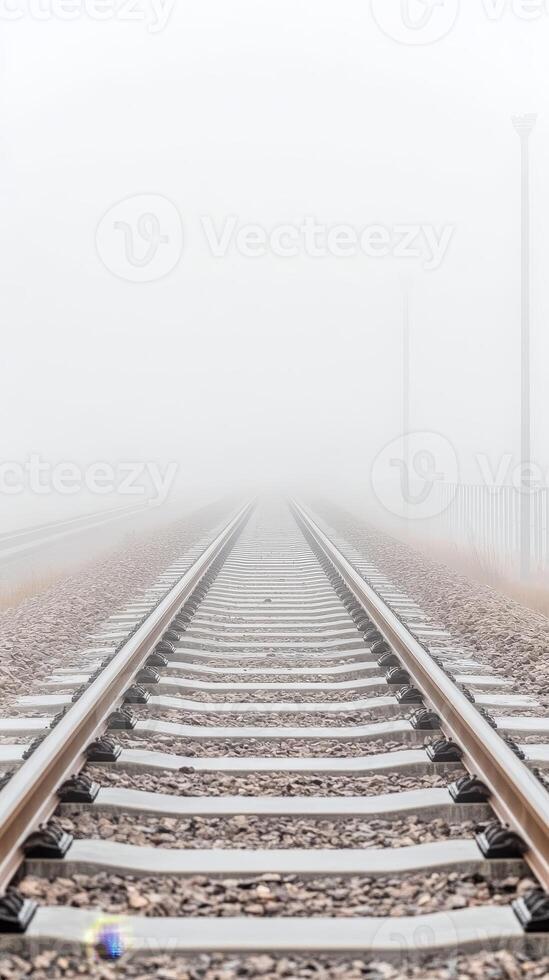 Misty Morning Railway A Vanishing Perspective of Train Tracks Disappearing into Dense Fog, Evoking a Sense of Calm and Endless Journey. photo