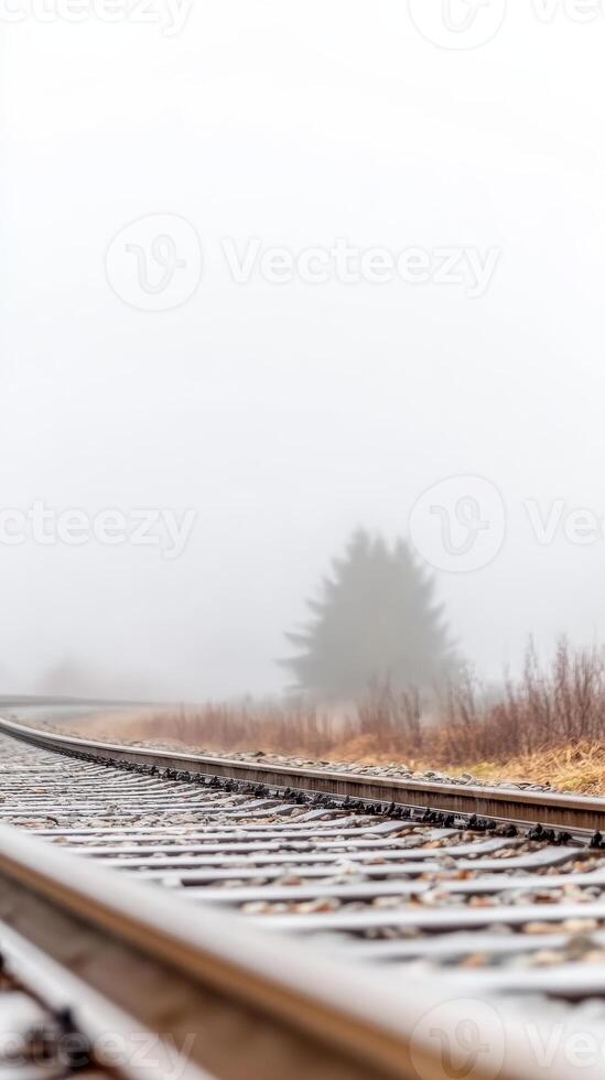 Misty Railway Tracks Vanishing into a Dense Foggy Horizon, Evoking a Serene Sense of Solitude and the Endless Journey on a Curved Path through Nature. photo