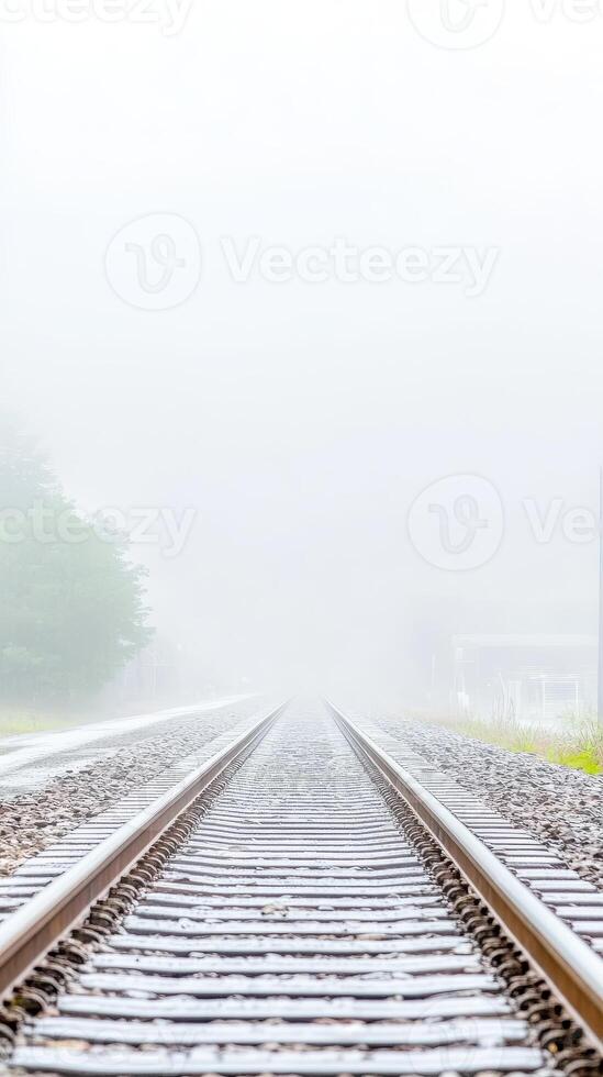 Misty Railway Tracks Disappearing into the Fog A Serene and Mysterious Journey Along Vanishing Train Lines in Atmospheric Rural Landscape photo