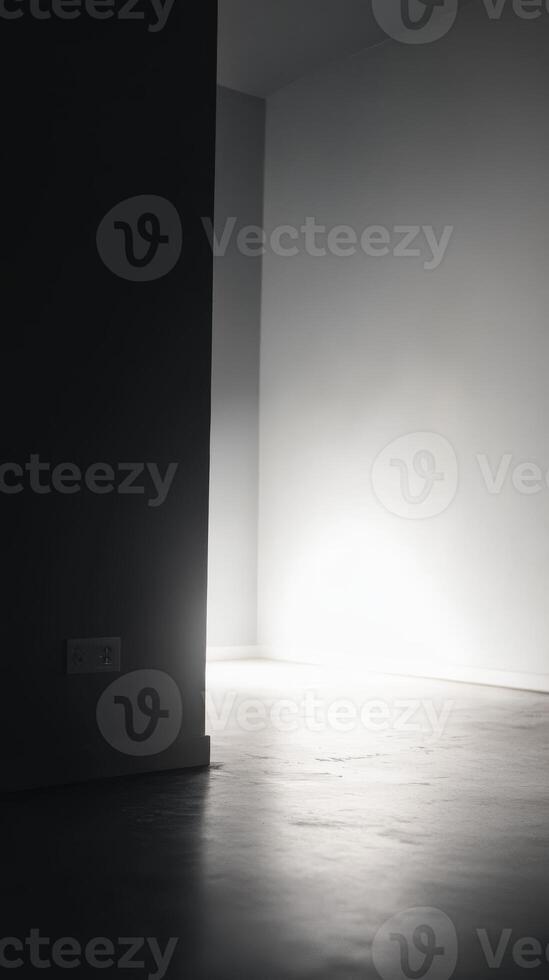 Striking interplay of light and shadow in a minimalist architectural space, revealing stark contrasts and a serene, modern interior with concrete textures. photo