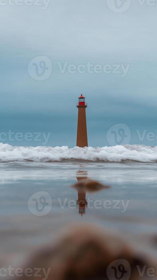 Majestic Lighthouse Stands Tall Amidst Crashing Ocean Waves, Reflected on the Tranquil Shoreline Under a Serene Sky photo