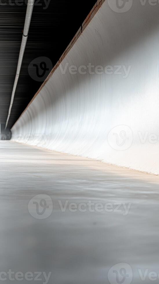 Captivating minimalist architectural study of a curved concrete underpass, showcasing urban lines, serene spatial depth, and dramatic light. photo