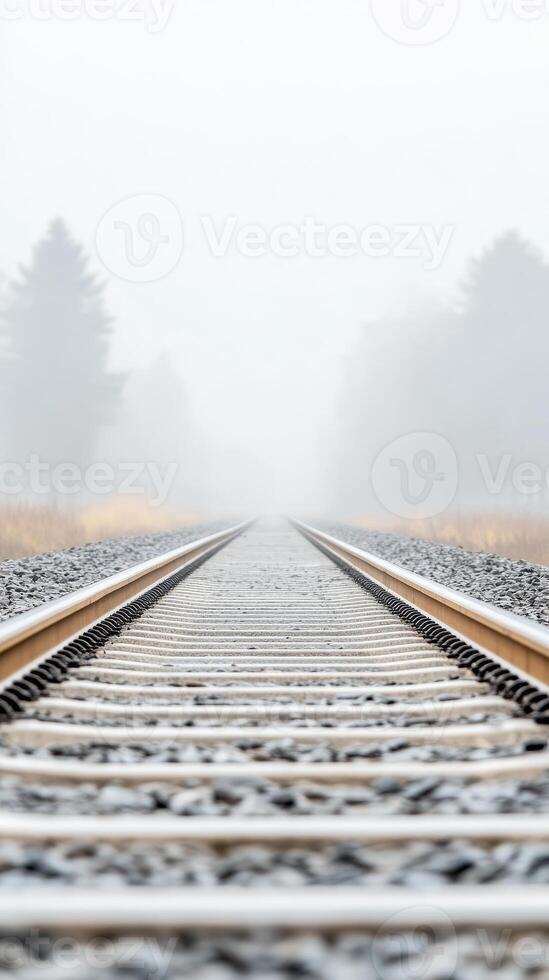 Misty Railway Tracks Disappearing into Foggy Horizon A Serene Journey Through a Tranquil, Atmospheric Landscape with Vanishing Point Perspective photo