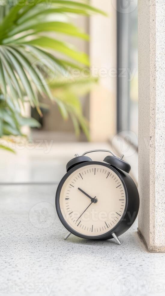 Vintage Alarm Clock on a Bright Ledge, Symbolizing Time's Gentle Passage Amidst Lush Greenery and Serene Indoor Light photo