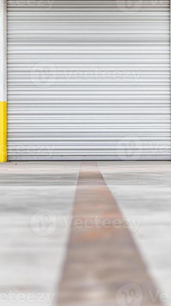 Industrial Roll-Up Door and Concrete Floor with Yellow Stripe Detail. Modern Warehouse Entrance Texture and Geometric Lines Background. photo