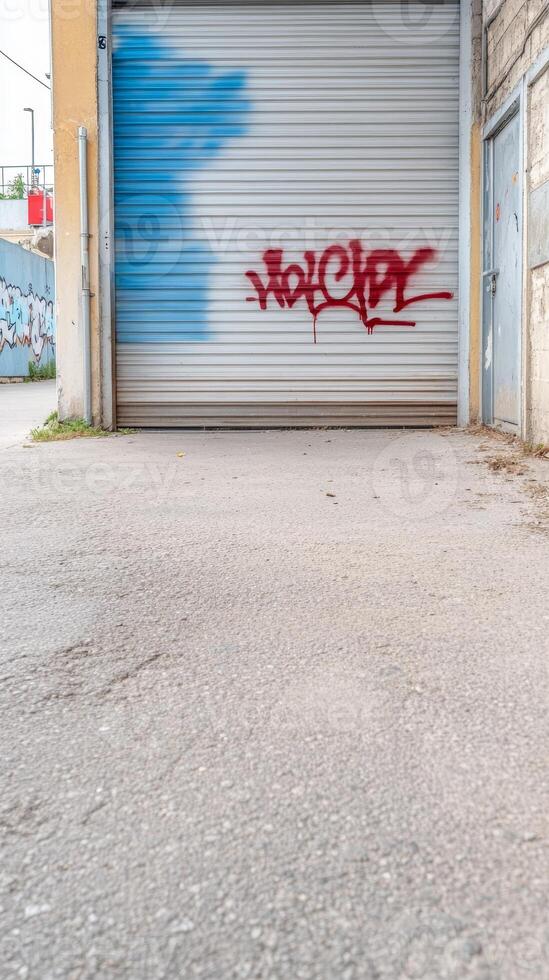 Vibrant Red Graffiti Tag on Corrugated Metal Garage Door in Urban Alleyway, Capturing Raw Street Art and Architectural Texture photo