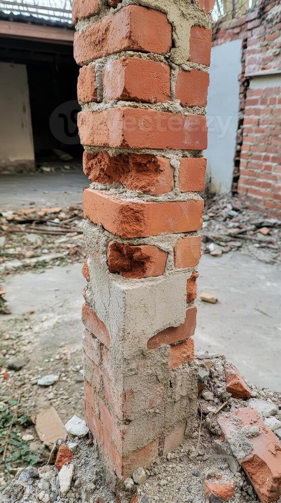 Weathered Brick Pillar A Close-Up of Crumbling Masonry and Exposed Mortar, Capturing the Raw Beauty of Urban Decay and Historical Structures photo