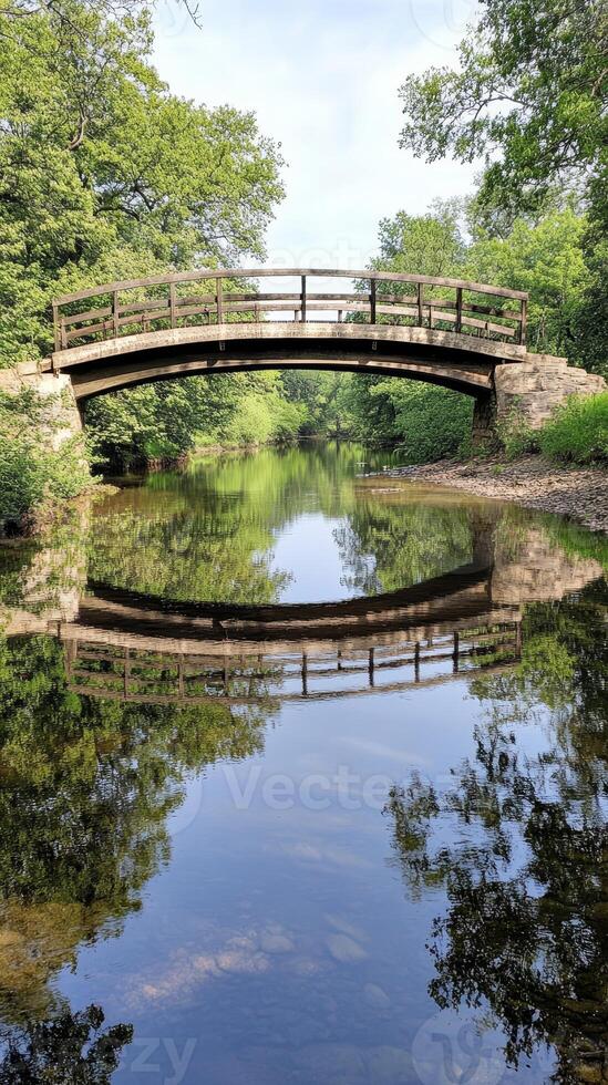 Rustic Wooden Bridge Arching Over a Serene River with Lush Green Reflections, Capturing Nature's Tranquility and Architectural Harmony photo
