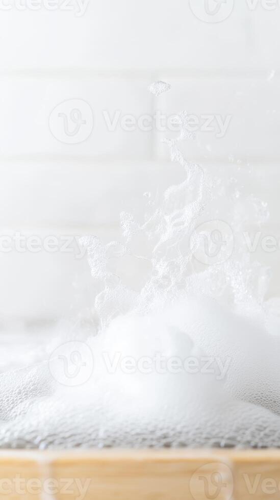 Close-up of effervescent white foam and delicate bubbles, creating a pristine and airy texture, perfect for hygiene, cleansing, or serene bath concepts. photo