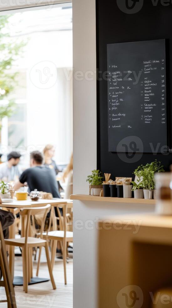 Inviting Cafe Interior with Patrons Enjoying a Relaxed Atmosphere, Featuring a Stylish Chalkboard Menu and Greenery. photo